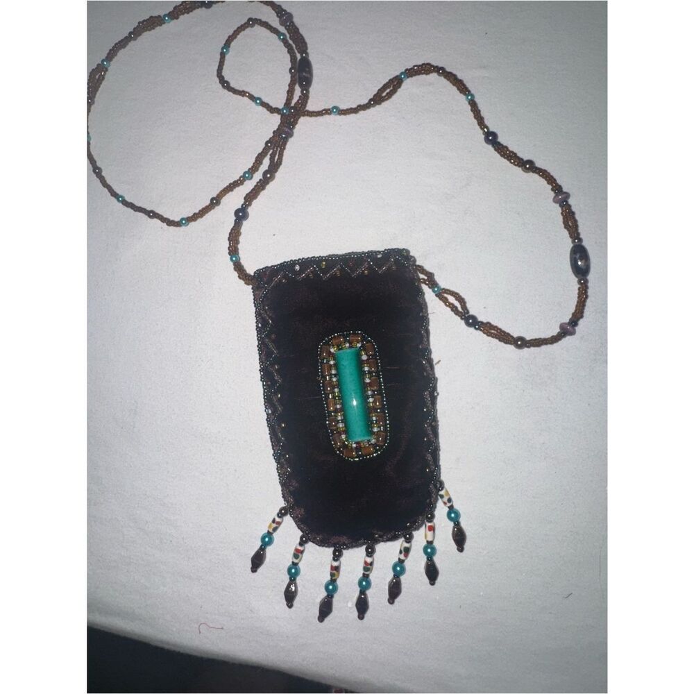 Handmade Artisan Velvet Beaded Pouch Turquoise Stone Accent Boho Fringe Bag